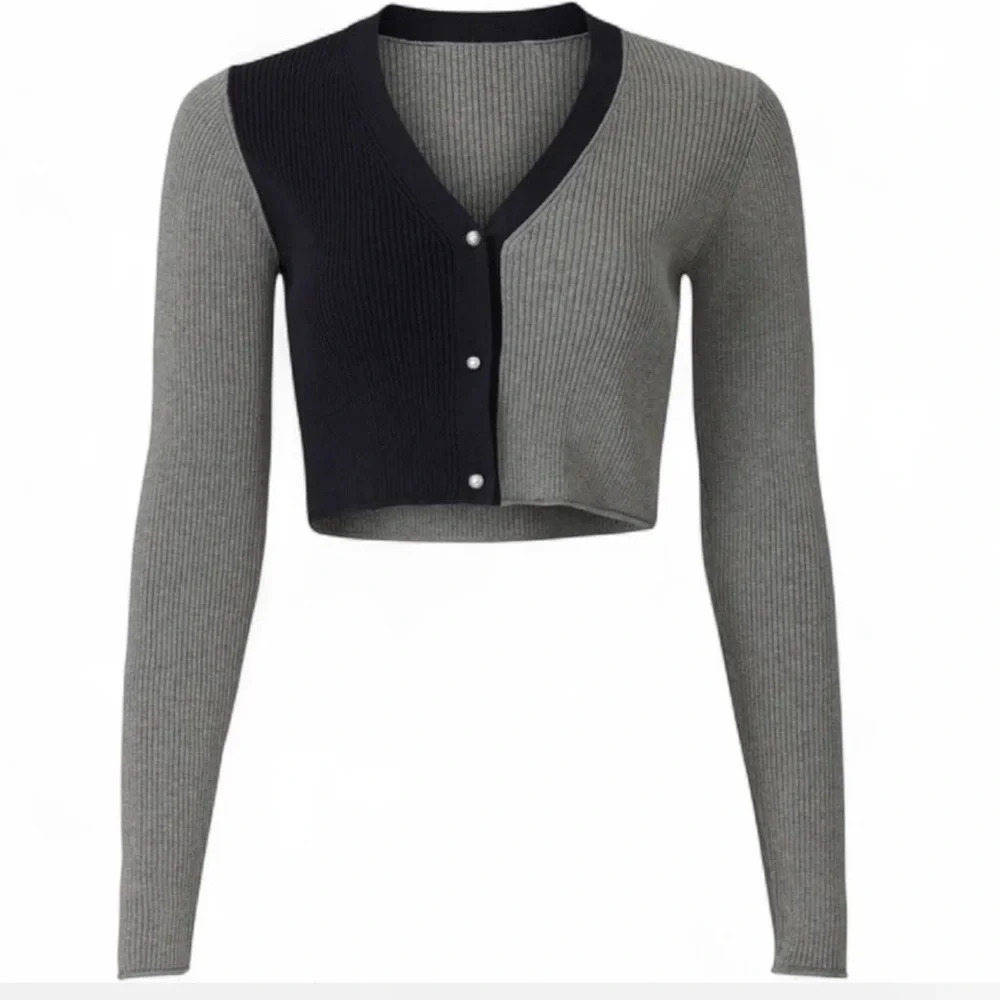 Peter Som Gray & Navy Cropped ColorBlock Pearl Long Sleeve Cardigan sz Large EUC